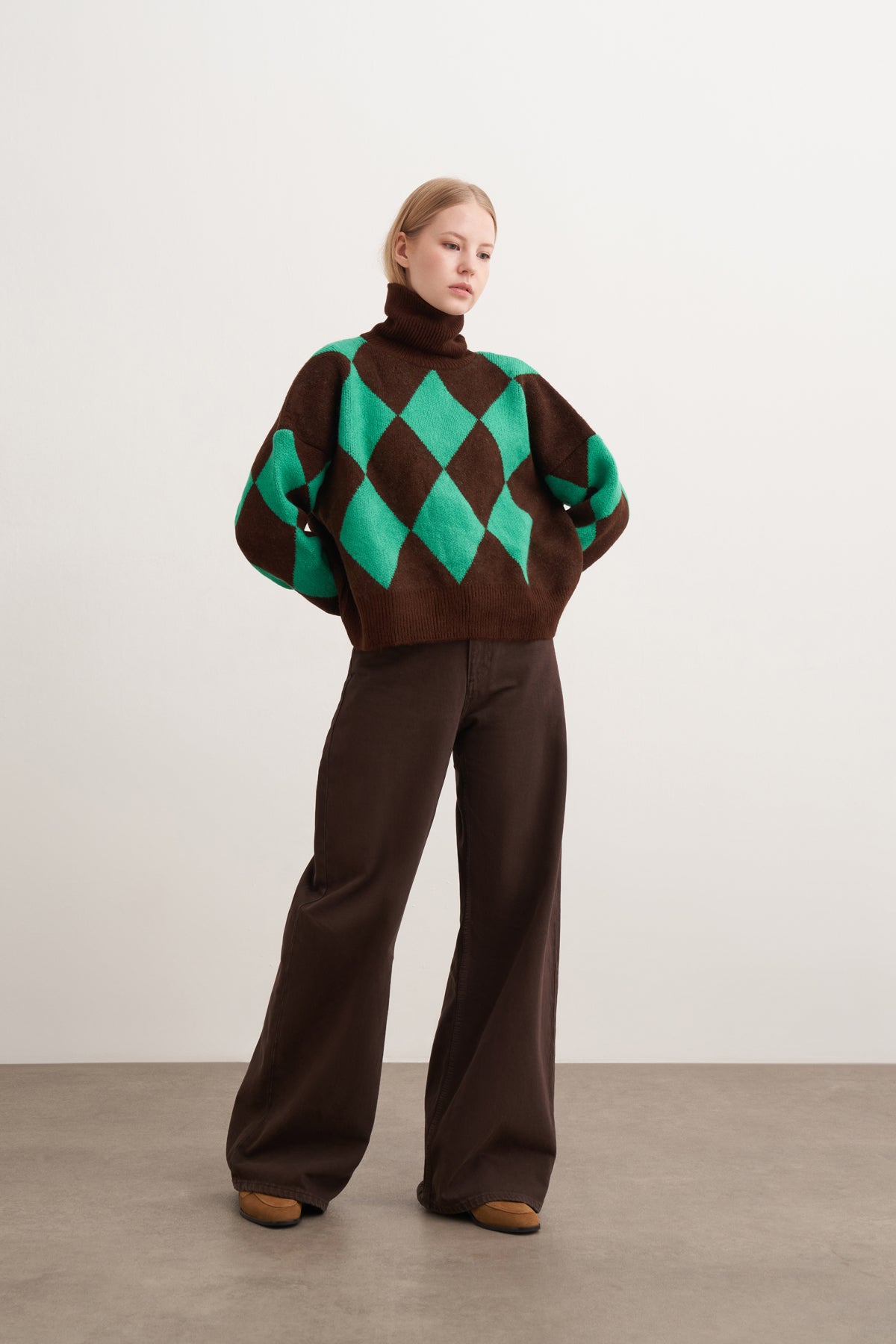 Kalın Baklava Desenli Boğazlı Kazak