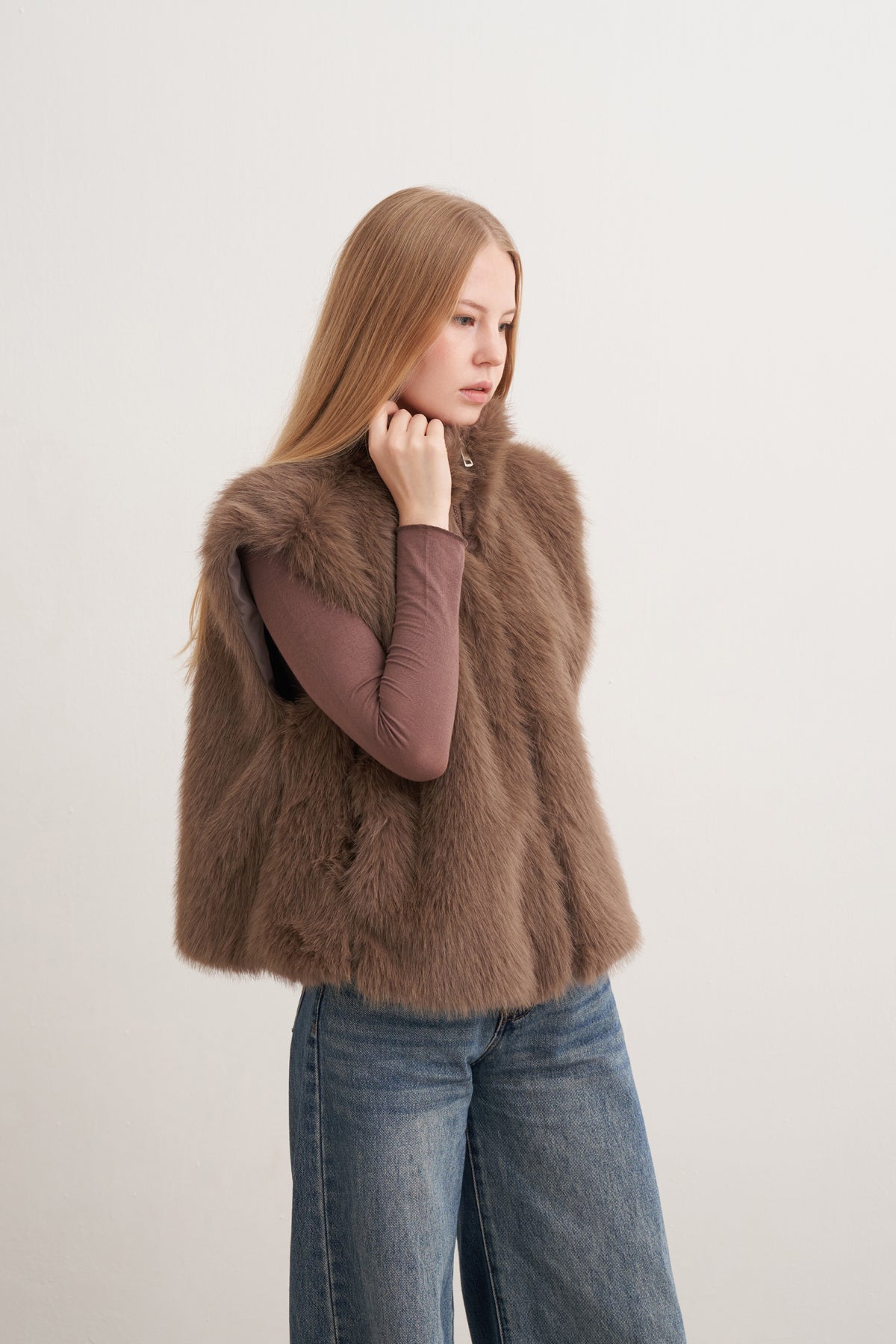 Fermuarlı Dik Yaka Kürk Yelek