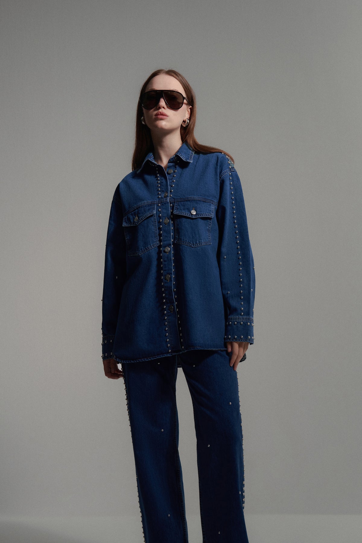 Zımbalı Kot Denim Gömlek Pantolon Takım