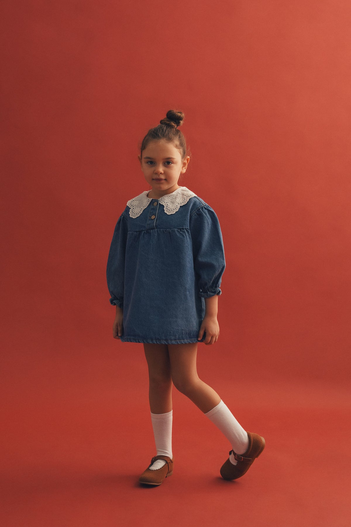 Kot Denim Dantel Yaka Elbise