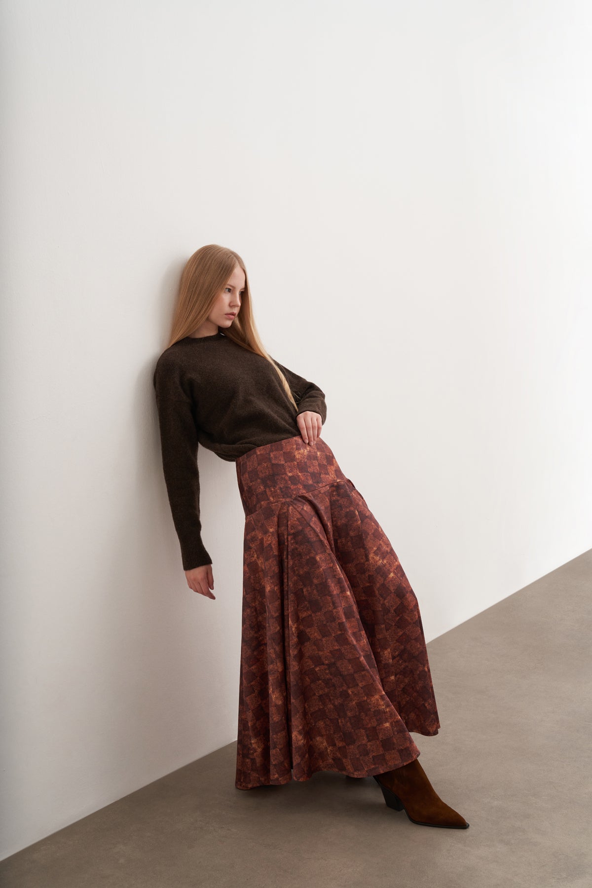 Kareli Saten Volanlı Etek