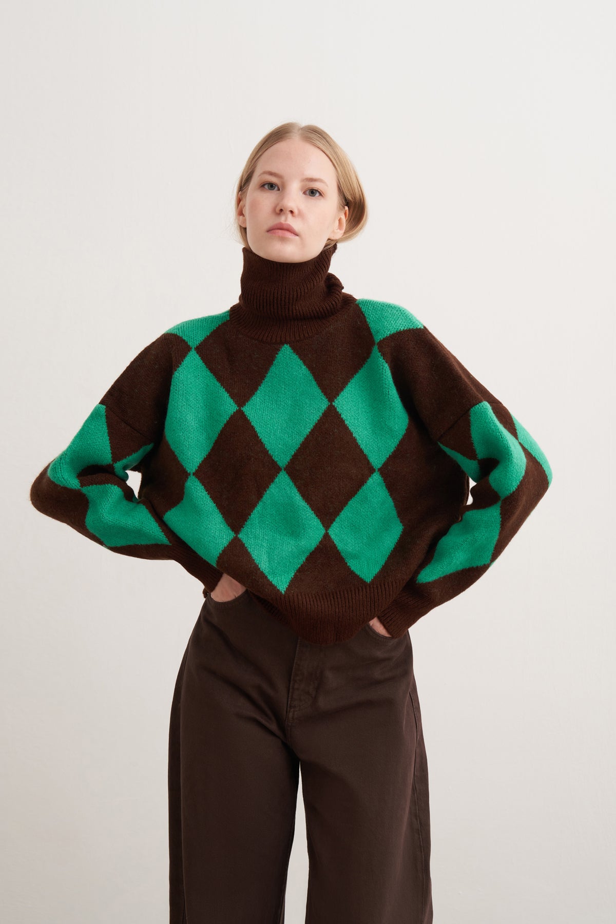 Kalın Baklava Desenli Boğazlı Kazak