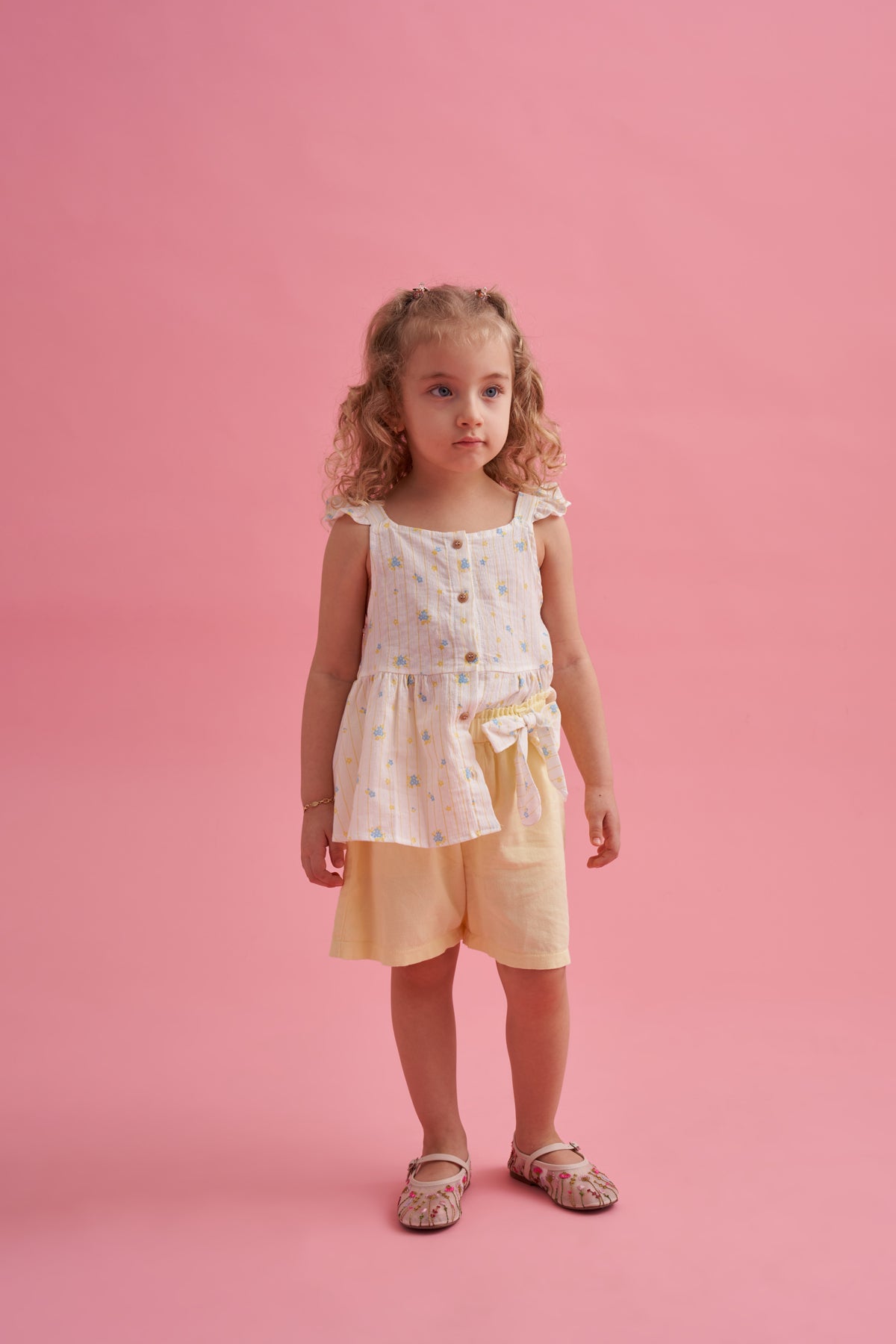 Keten Çiçek Desenli Şortlu Takım