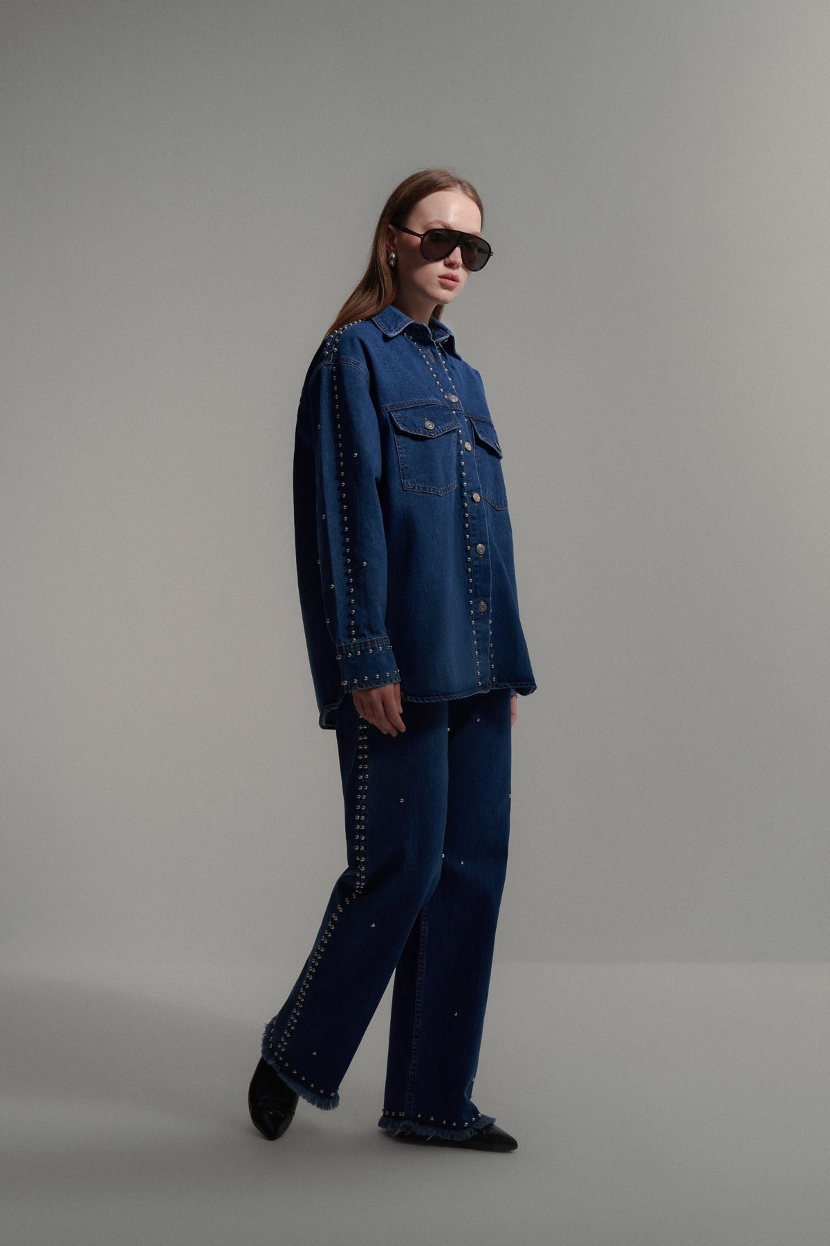 Zımbalı Kot Denim Gömlek Pantolon Takım