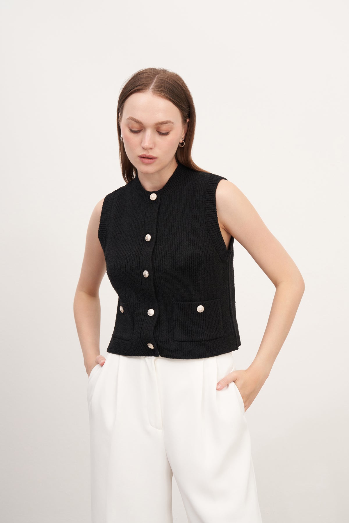 Triko Fitilli Yelek Siyah