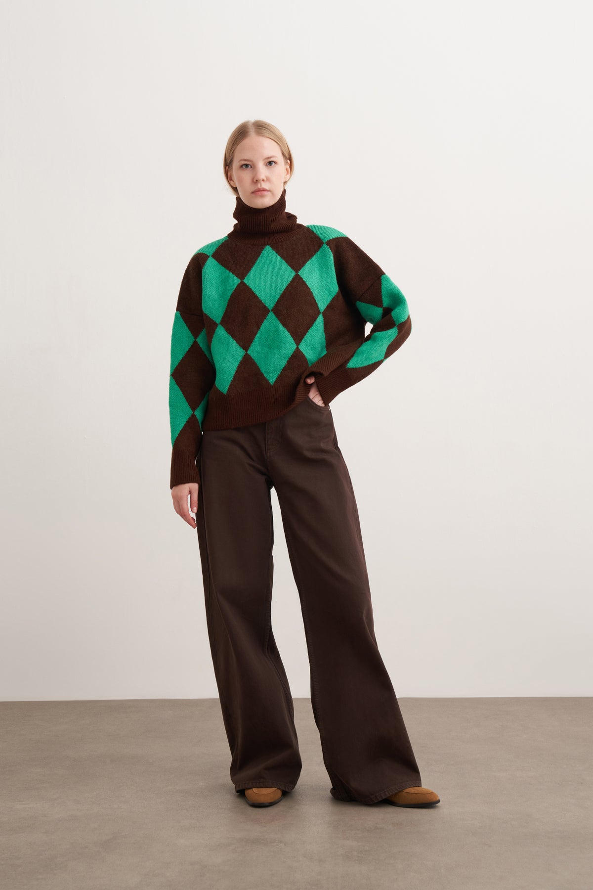 Kalın Baklava Desenli Boğazlı Kazak